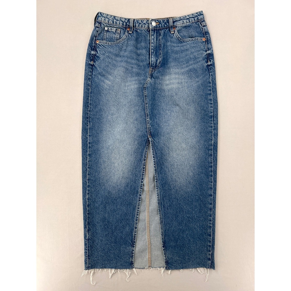 H&M &Denim Womens Medium Wash High Waist Maxi Skirt Raw Hem Front Slit Size M